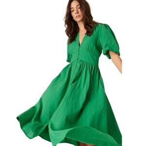 MOTF Green Puff Sleeve Button Front Midi Dress Casual Boho Size L